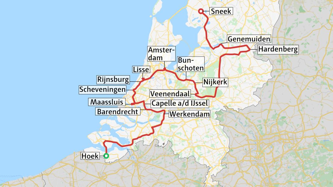 De route die Bastiaan Manschot zaterdag aflegt