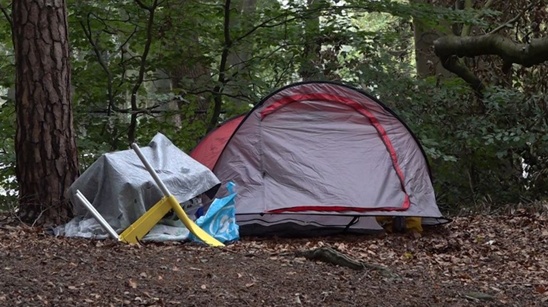 Een groep daklozen slaapt nu in tentjes in de Edese bossen.