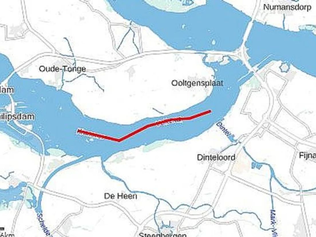 De rode lijn laat het Volkerak zien.