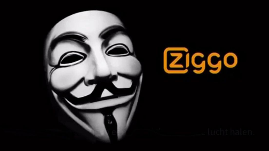 Logo's van hackersgroep Anonymous en Ziggo.