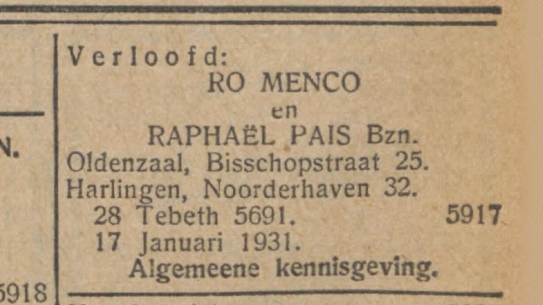 De ferloving fan Ro en Raphaël yn it Nieuw Israelietisch Weekblad, ek yn de Joadske kalinder