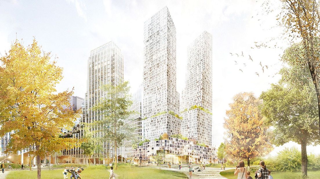 Impressie van de 185-meter hoge torens naast Den Haag Centraal | Afbeelding: gemeente Den Haag