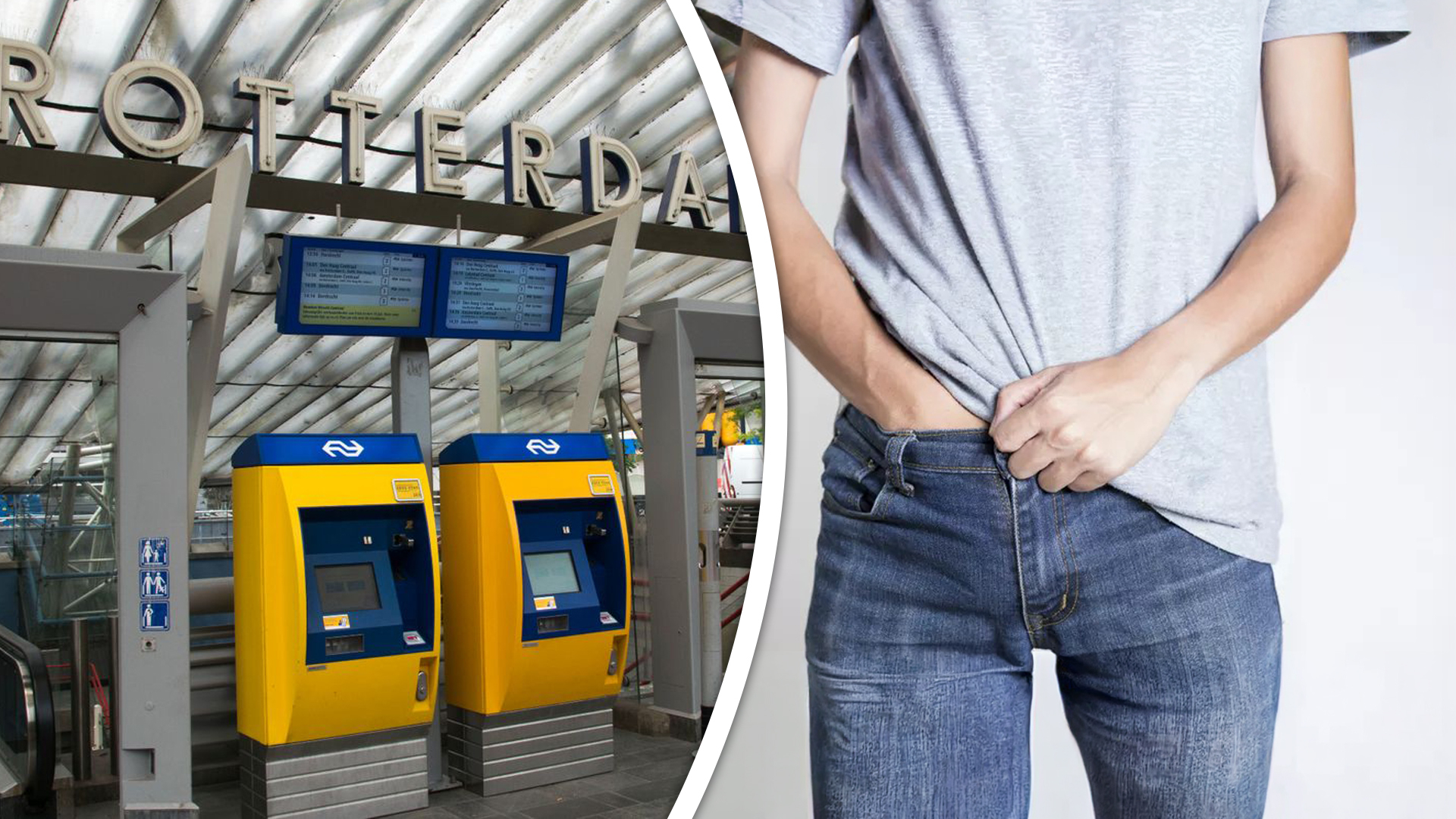 Een reizigster ziet Dick op station Blaak in de weer met zichzelf.