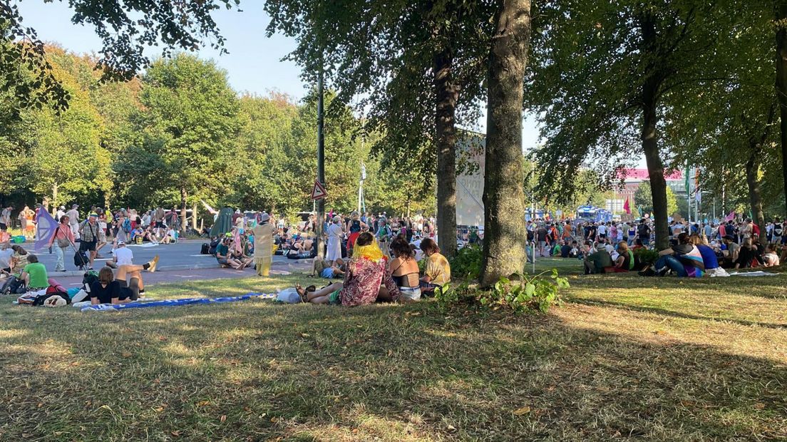 Demonstranten in de avondzon op en langs de A12
