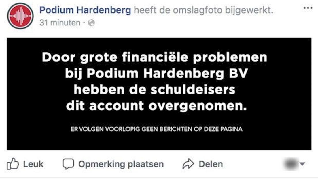 Facebookpagina Podium Hardenberg gehackt door schuldeiser