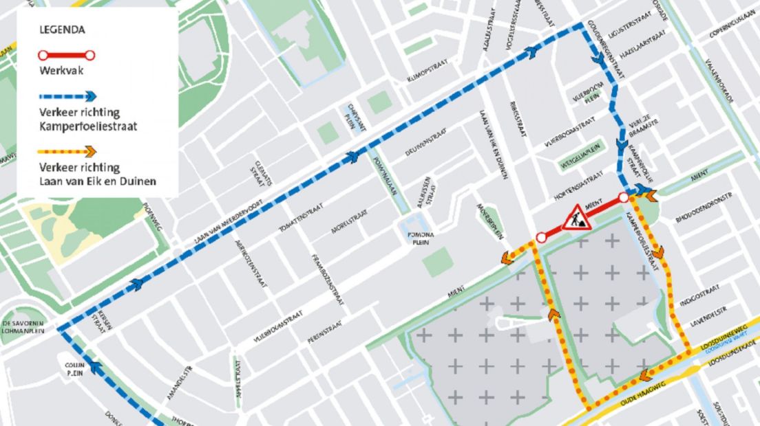 Kaart met de omleidingen voor autoverkeer
