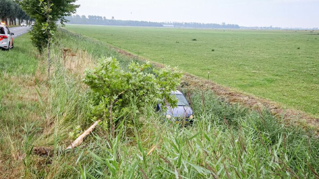 De auto was na de glijpartij moeilijk te zien door het hoge riet.