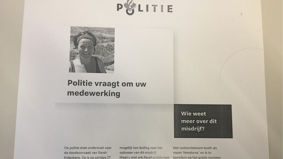 Flyer politie waarin informatie wordt gevraagd na dood Sarah Kolenberg