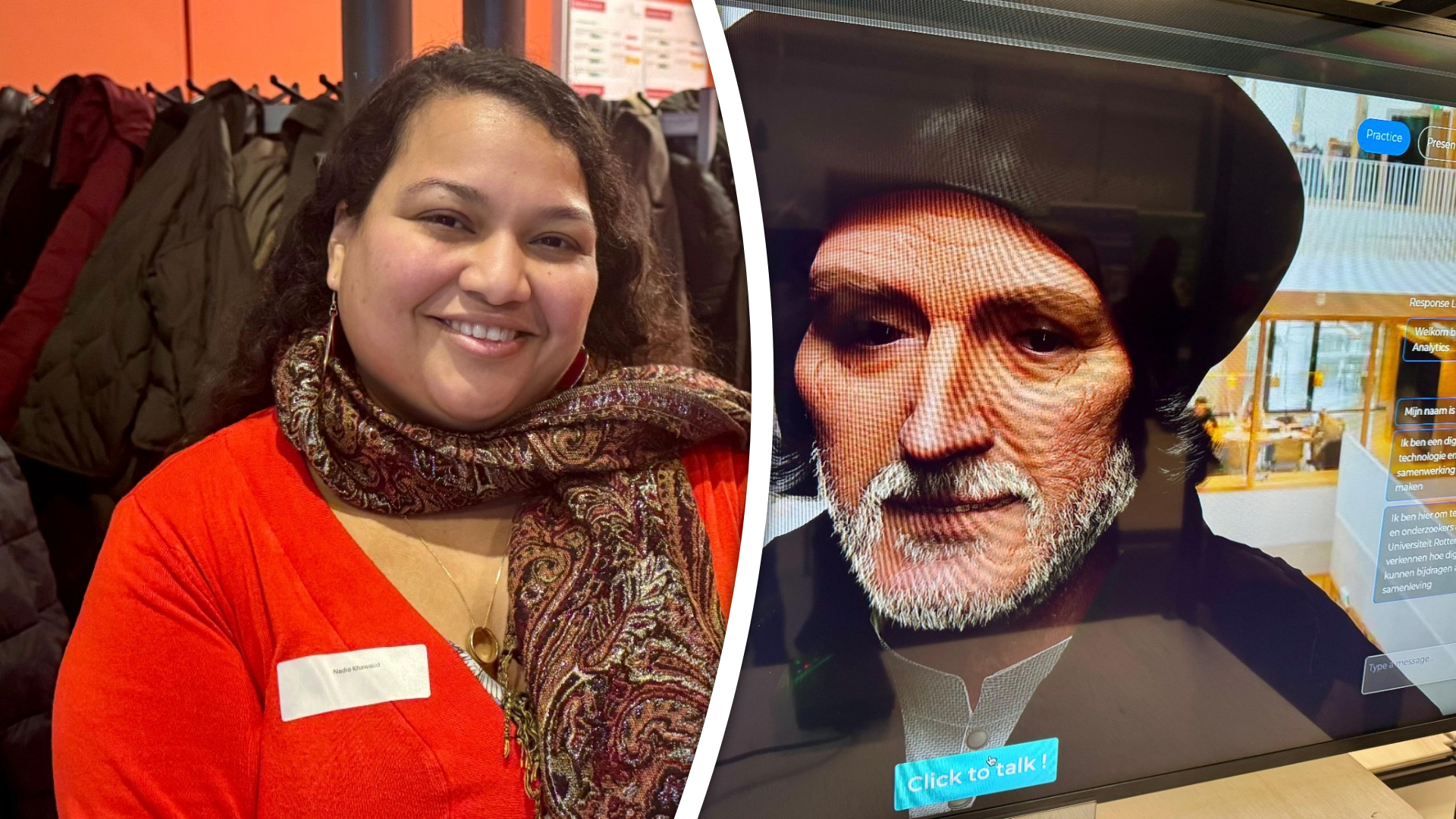 Links: projectleider Nadia Khawalid van het Sociaal AI Lab Rotterdam, rechts: avatar Digiderius.