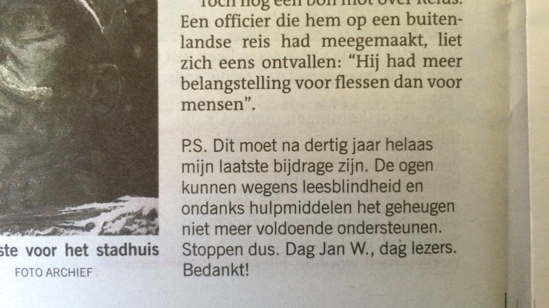 Het naschrift in DvnH van Cor Rodenburg, waarin hij onder andere de lezers bedankt (Rechten: RTV Drenthe)
