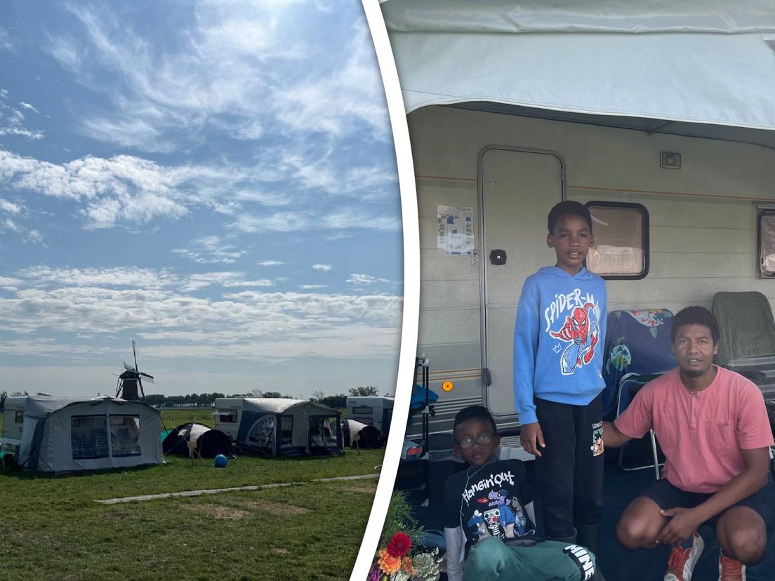 Luinel (39) samen met zijn zoontjes op de camping bij boer Evert