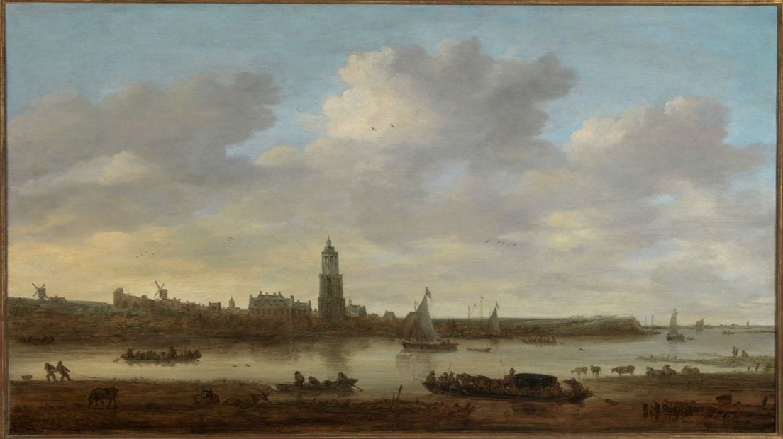Het schilderij laat Rhenen zien van het uiterste westen tot voorbij de Grebbeberg.