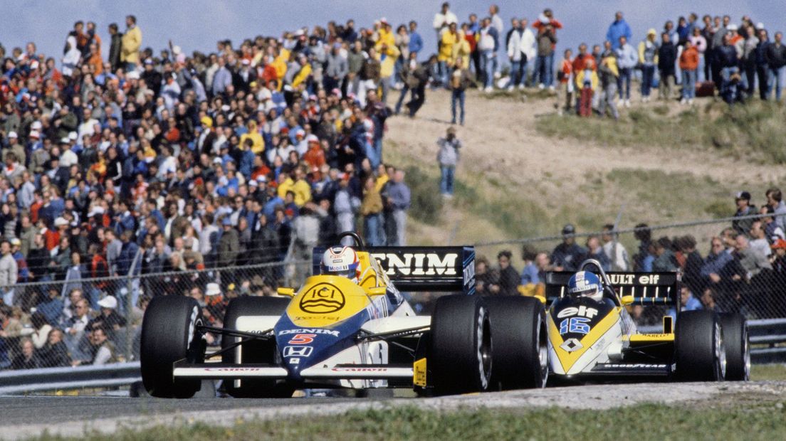 Nigel Mansell tijdens de voorlopig laatst gereden Grand van Prix van Zandvoort in 1985