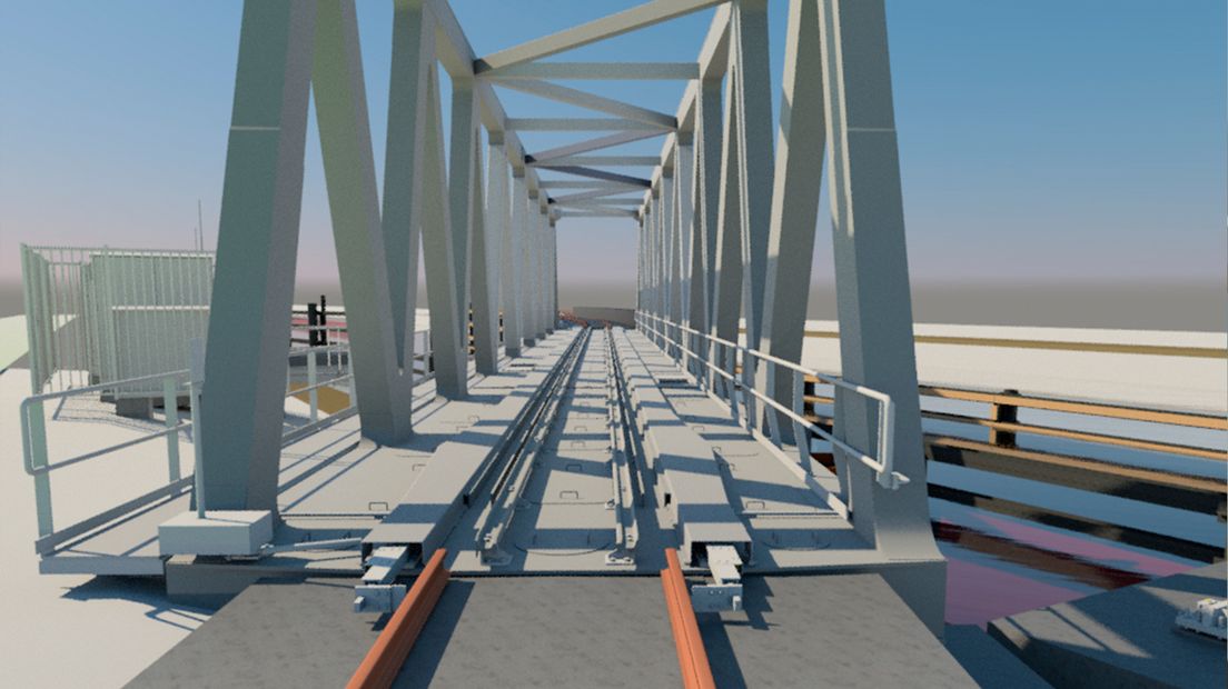 Animatie van de spoorbrug die gebouwd wordt (animatie: BAM Infraconsult)