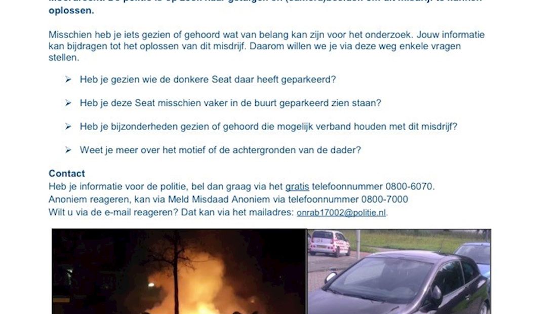 Ook over in brand gestoken auto in Hengelo flyer met vragen