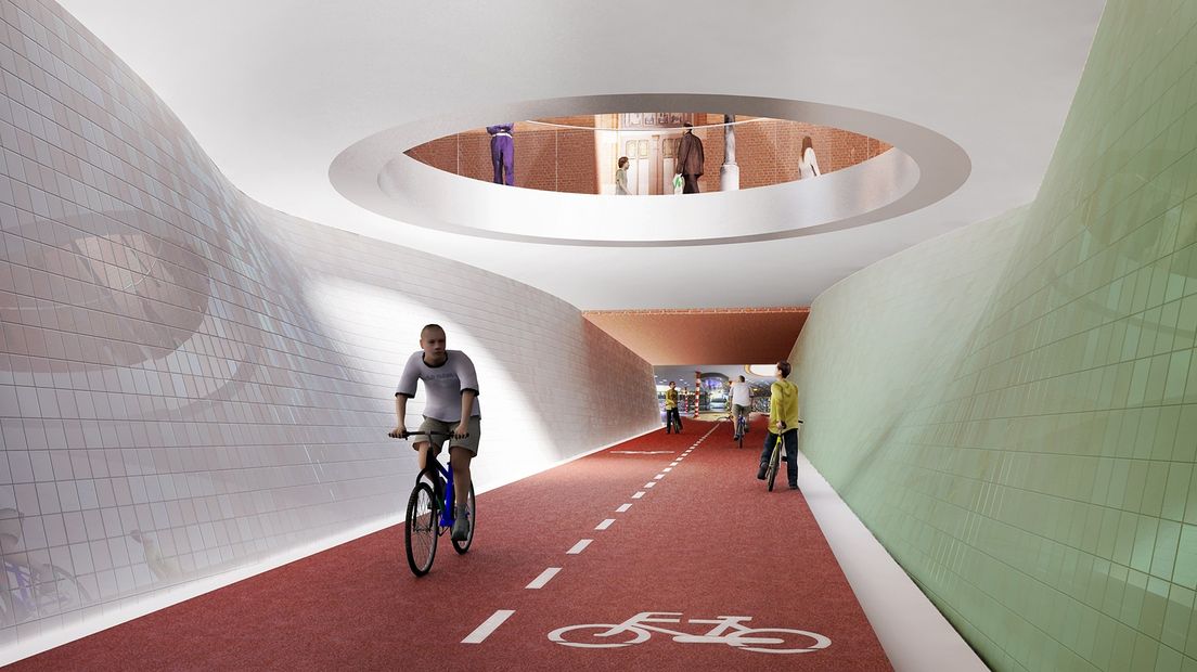 Impressie van hoe de fietstunnel op het Hoofdstation er mogelijk uit komt te zien.