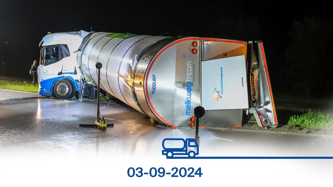 Een gekantelde melkwagen bij Leeuwarden