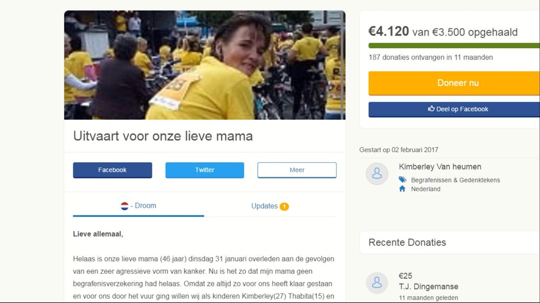 Kimberley van Heumen uit Vlissingen startte een doneeractie op om de uitvaart van haar moeder te kunnen betalen