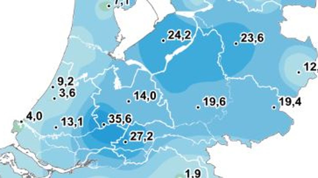 Ondanks de bij tijd en wijle stromende regen is er toch een groot neerslagtekort in delen van Gelderland. Dat blijkt uit de kaart van het neerslagtekort die gemaakt is door het KNMI.