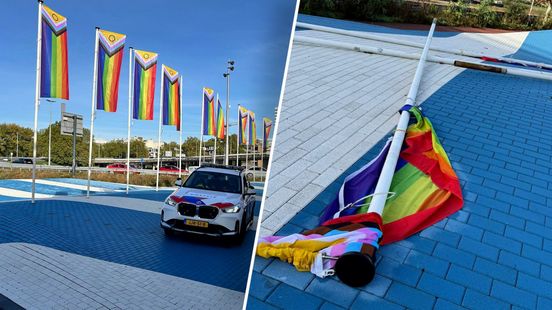 Regenboogvlaggen met mast en al uit de grond getrokken
