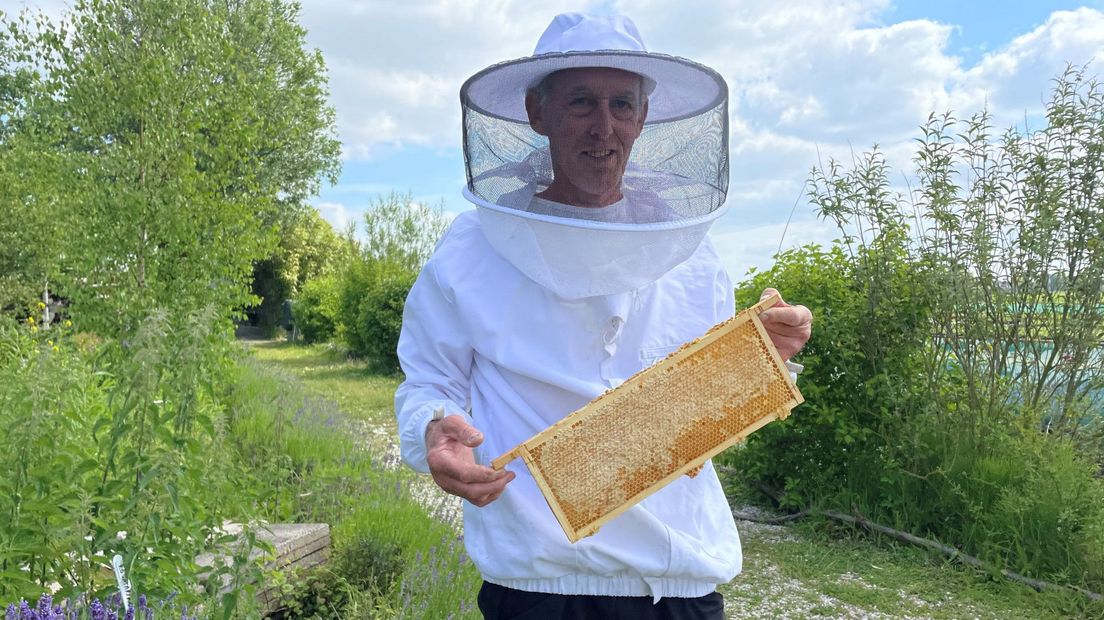 Imker Meinhard van de Reep met een honingraat