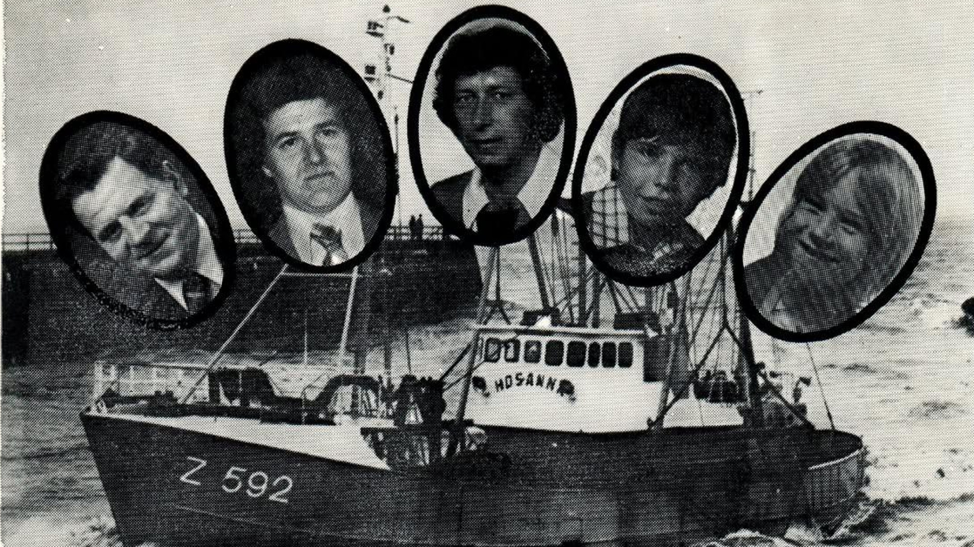 De bemanning van de Hosanna Z-592 met in het midden Piet Guyt en helemaal rechts Pietje Guyt
