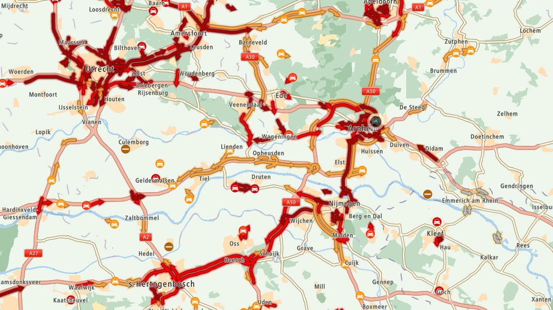 De verkeerssituatie op de Gelderse wegen om 16.15 uur.