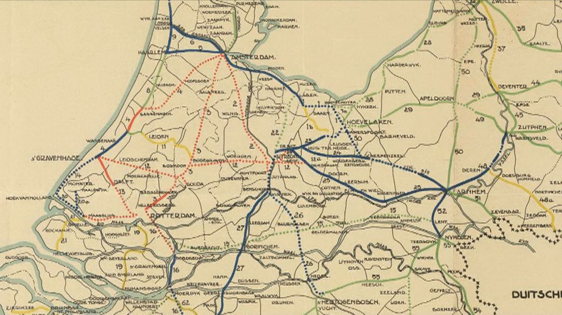 Overzichtskaart van het Rijkswegenplan uit 1932 met daarop ook de A3 tussen Amsterdam en Rotterdam 