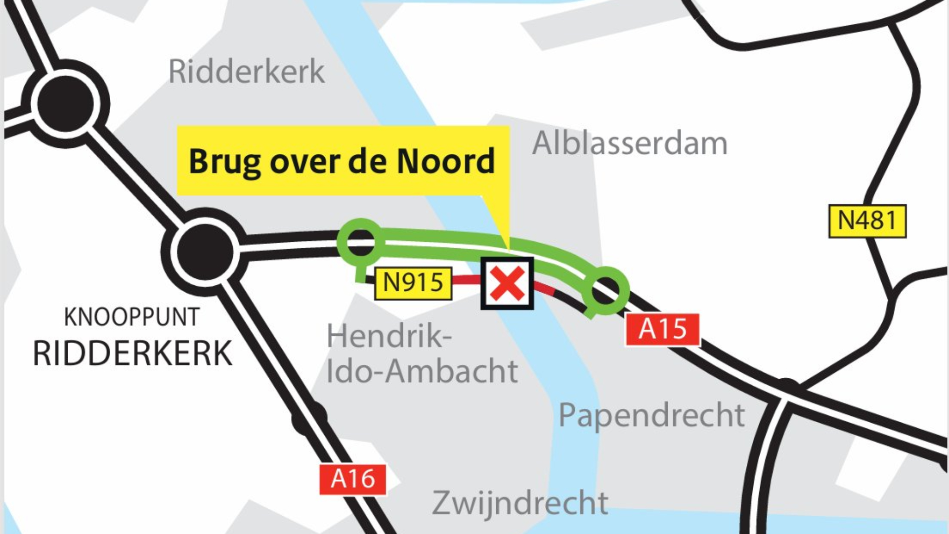 De afsluiting van de Brug over de Noord (N915).