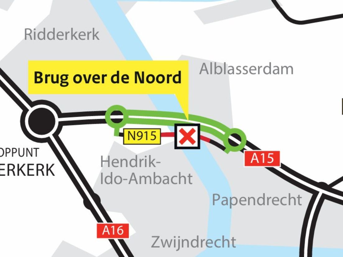 De afsluiting van de Brug over de Noord (N915).