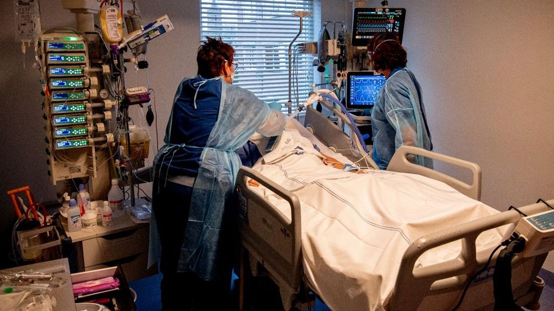 Intensive care-verpleegkundigen aan het bed van een coronapatiënt.