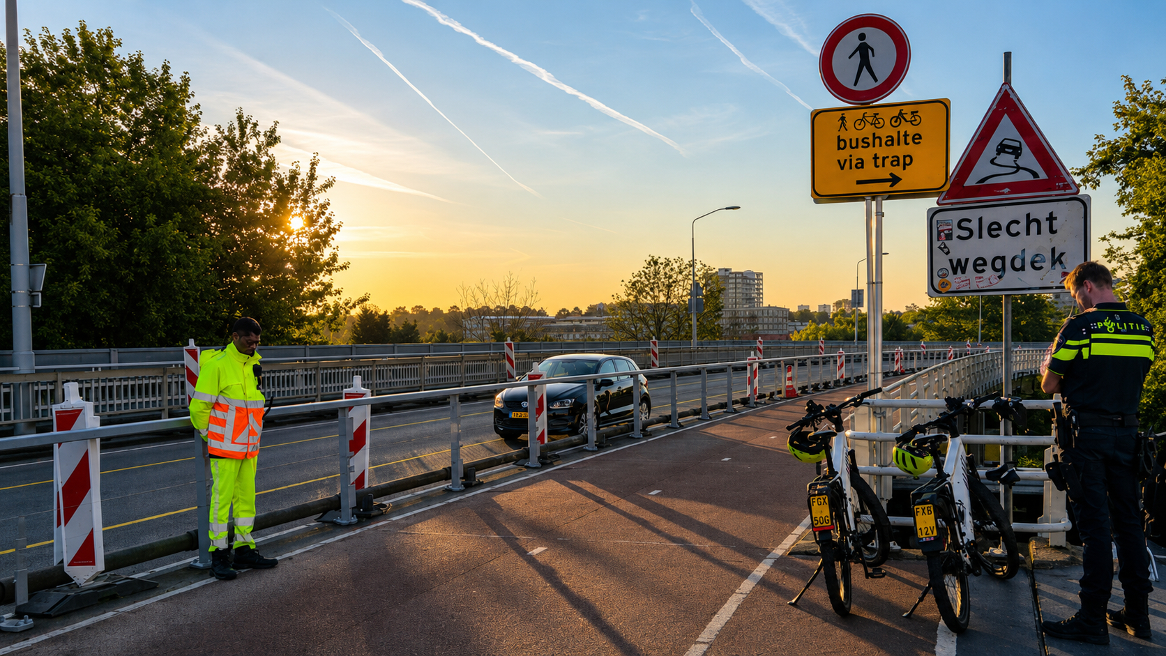 Politie en verkeersregelaars bij de afgesloten Algerabrug