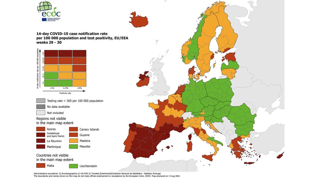 Nederland is nu nog rood op de kaart van het ECDC