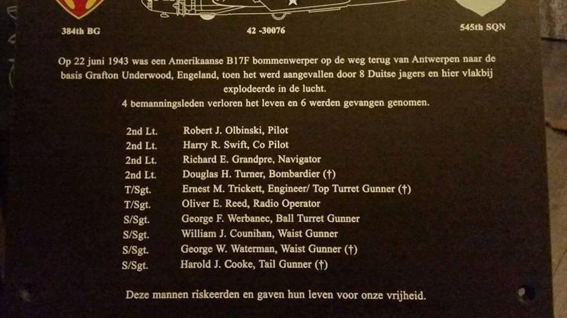 Gedenkplaat crash bommenwerper