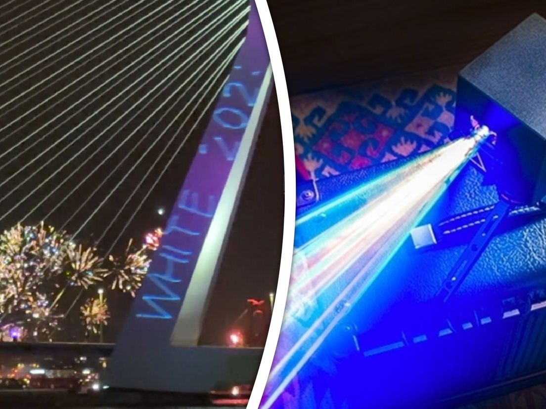 Een van de teksten op de Erasmusbrug (l) en een voorbeeld van een laser (r)