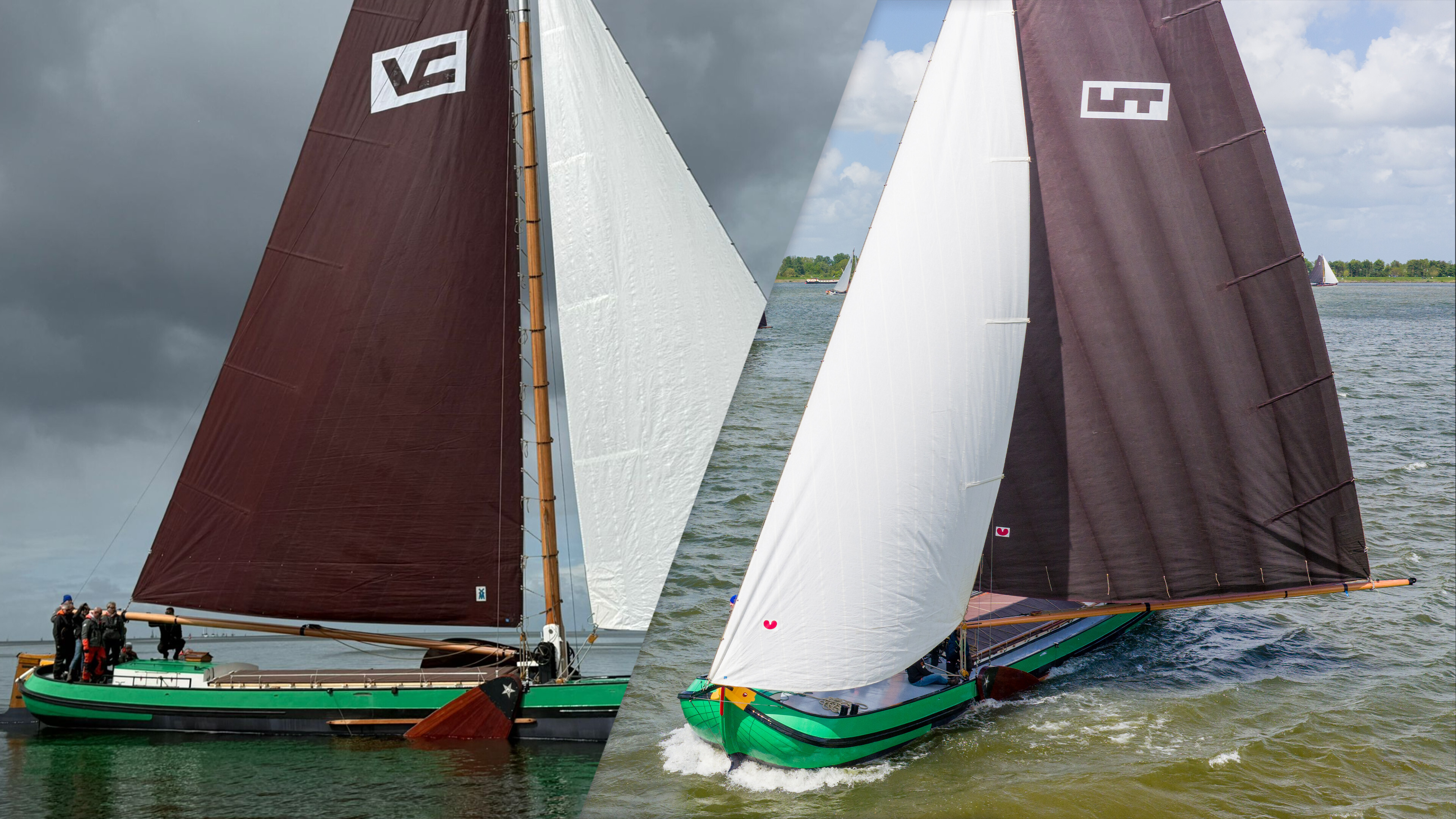 Het nieuwe zeil van de Vrouwe Christina (links) en het zeil van de Ut en Thus op hetzelfde schip (rechts)