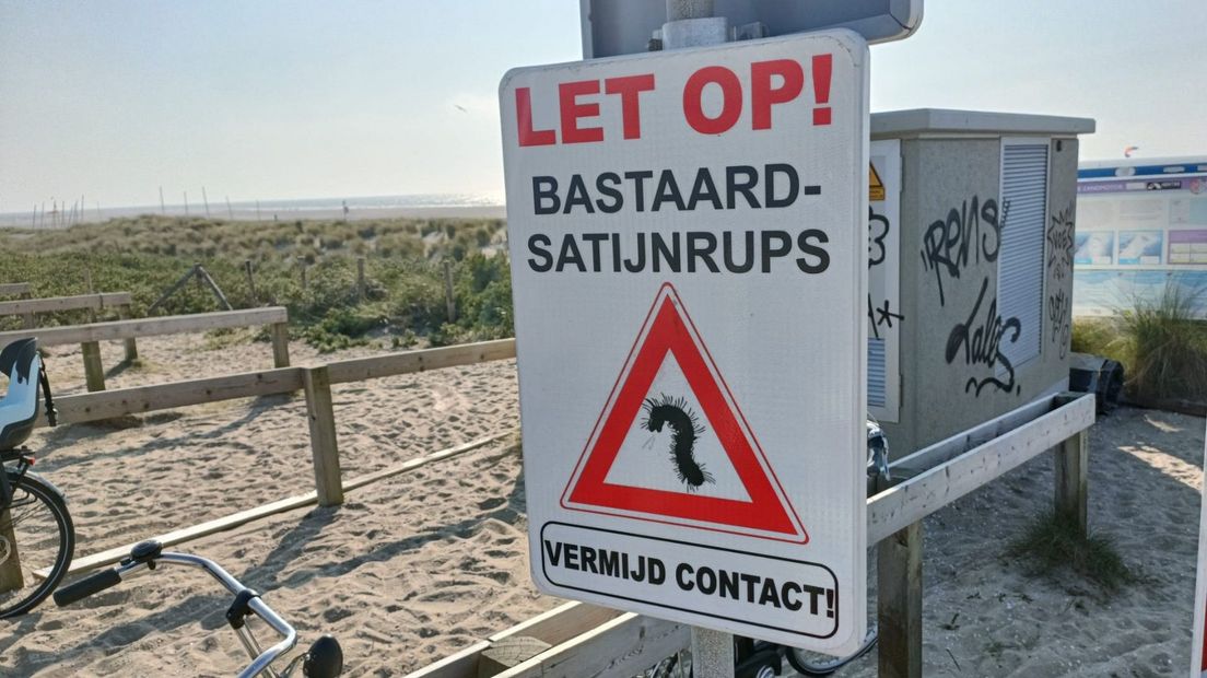 Waarschuwingsbord voor de bastaardsatijnrups op Kijkduin