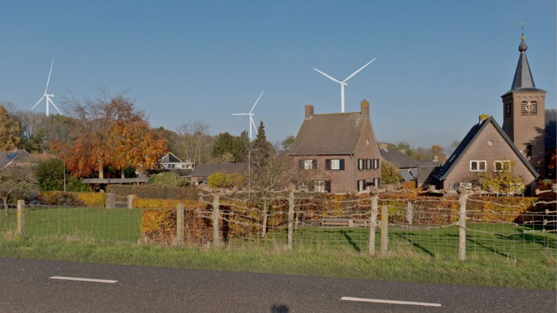Een gephotoshopte impressie van de windmolens in Niftrik.