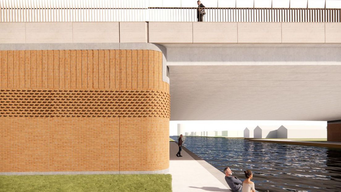 Deze afbeelding geeft zicht op de waterkant onder de brug door