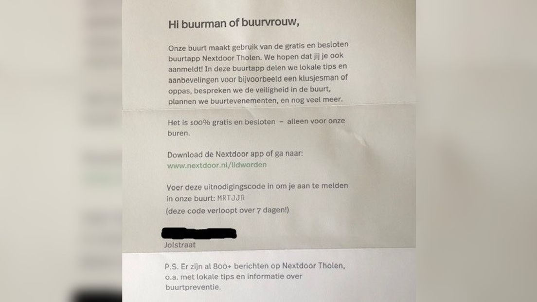 Een brief van Nextdoor, verstuurd onder de naam van iemand anders.