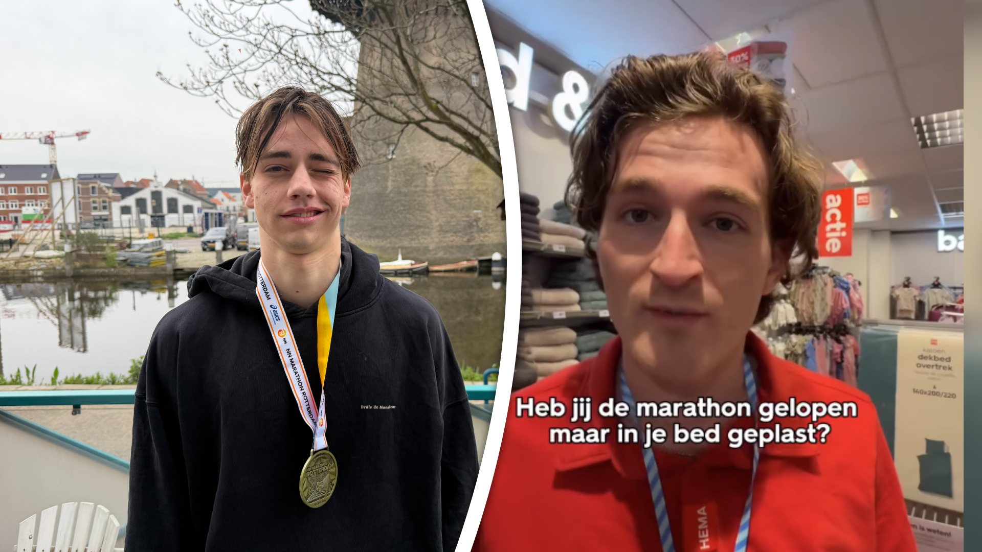 Onder andere de HEMA speelt online in op Olivier (links), die viral ging na het lopen van de marathon.