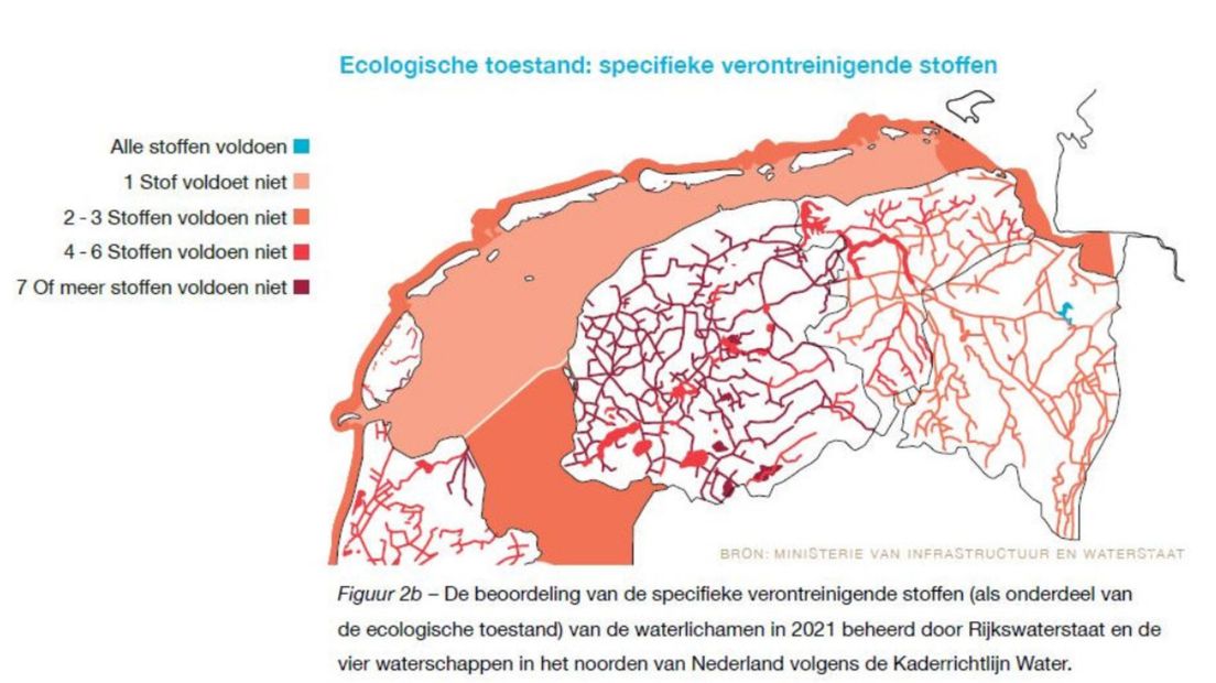 De kaart over de ecologische toestand van water in Noord-Nederland. Het Oldambtmeer is te zien al een kleine blauwe vlek.