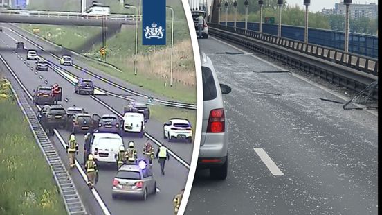 Flinke files door glas op brug, botsing én klapband: 1,5 uur vertraging. Flinke files door glas op brug, botsing én klapband: 1,5 uur vertraging.