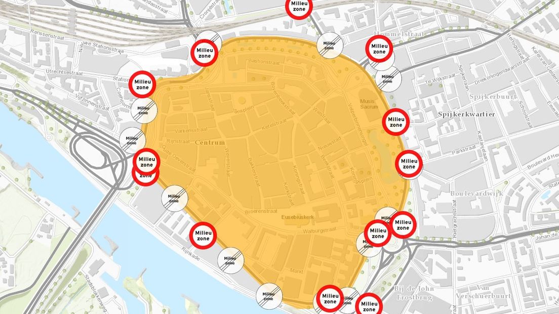 Het gebied waar de milieuzone gaat gelden.