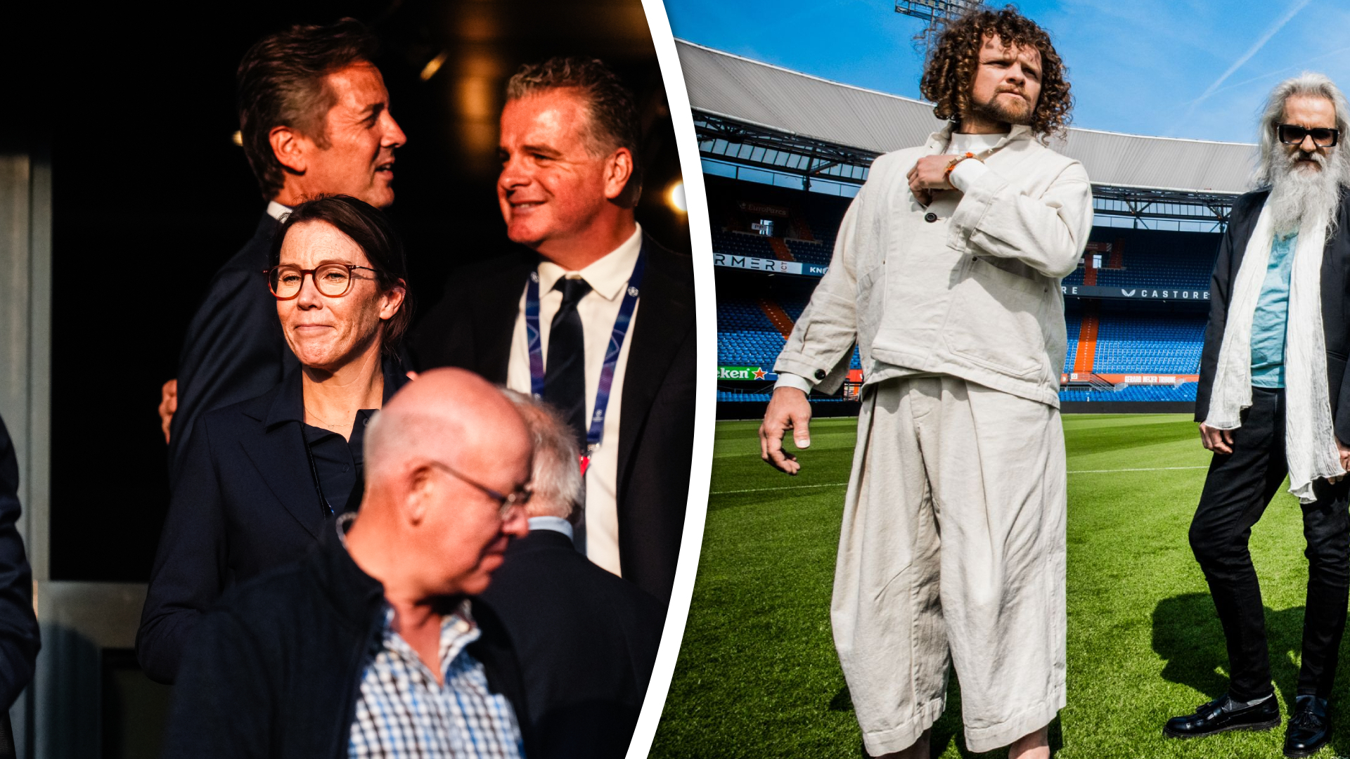 Stadiondirecteur Lilian de Leeuw en DI-RECT-zanger Marcel Veenendaal in De Kuip