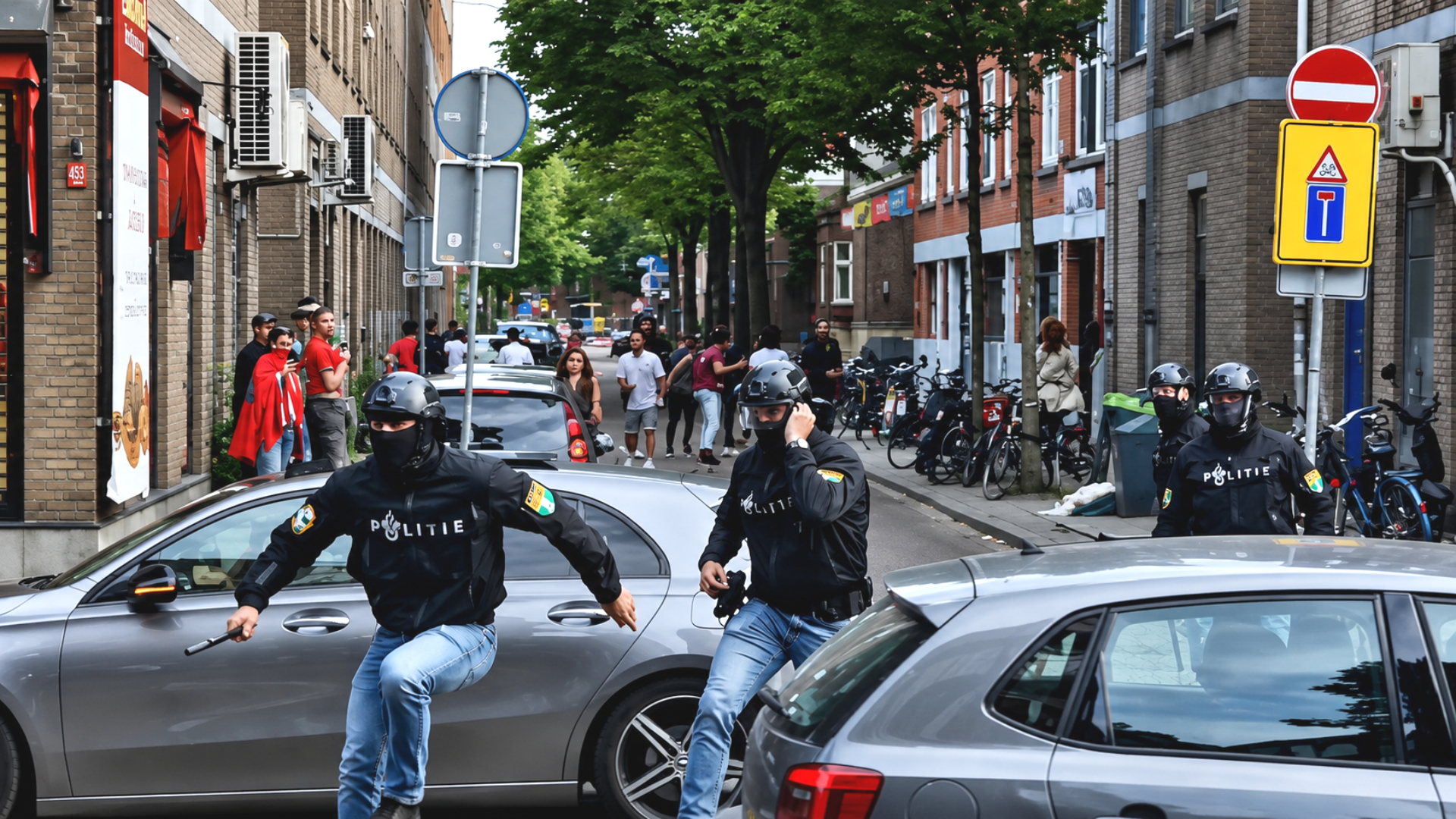 De politie in actie om de rust op de West-Kruiskade terug te brengen.