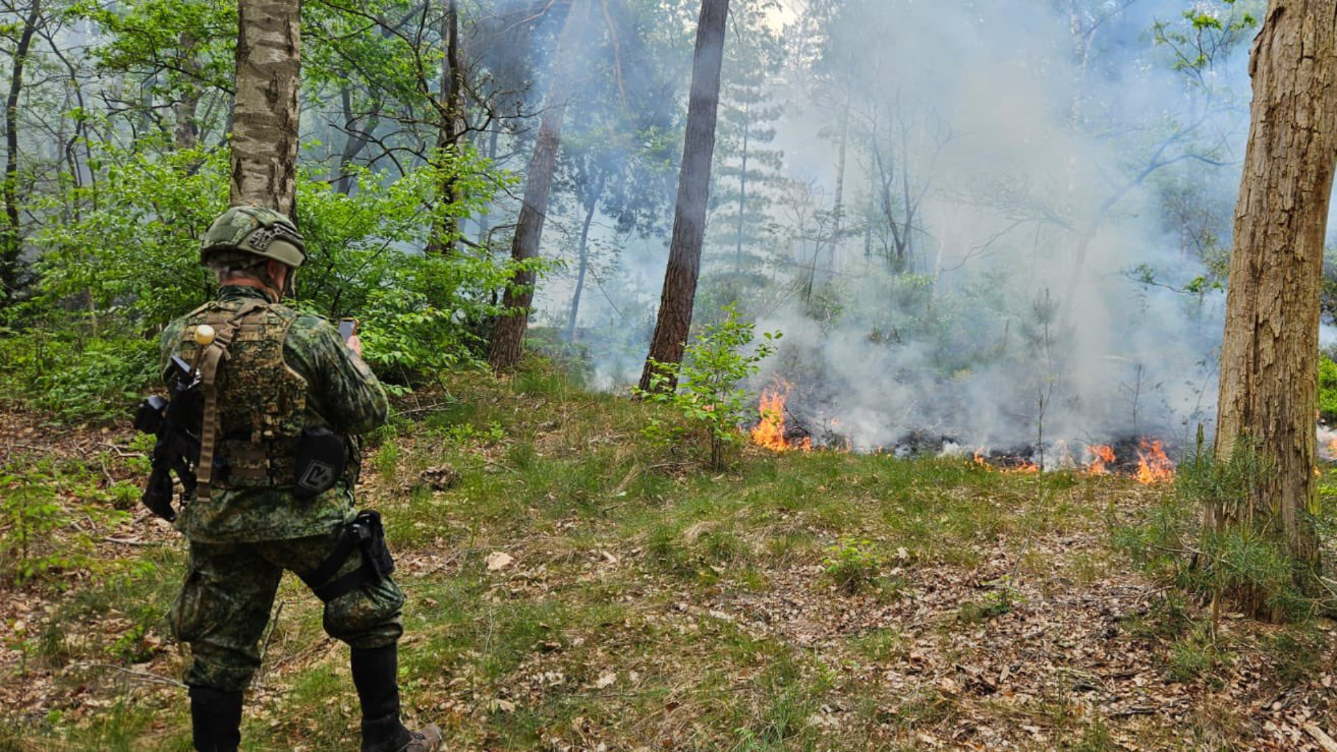 Militairen te paard voorkomen dat bosbrand erger wordt