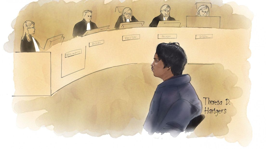 Deybi G. tijdens de zitting in de rechtbank in Den Haag | Tekening: Theresa Hartgers