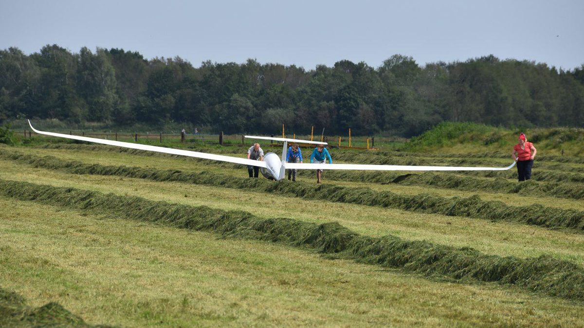 Zweefvliegtuig maakt landing in weiland bij Dieverbrug
