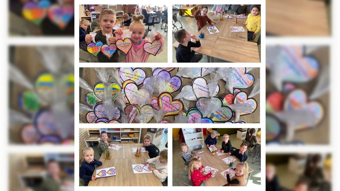 De kinderen hebben hartjes in de meest kleurrijke patronen gekleurd